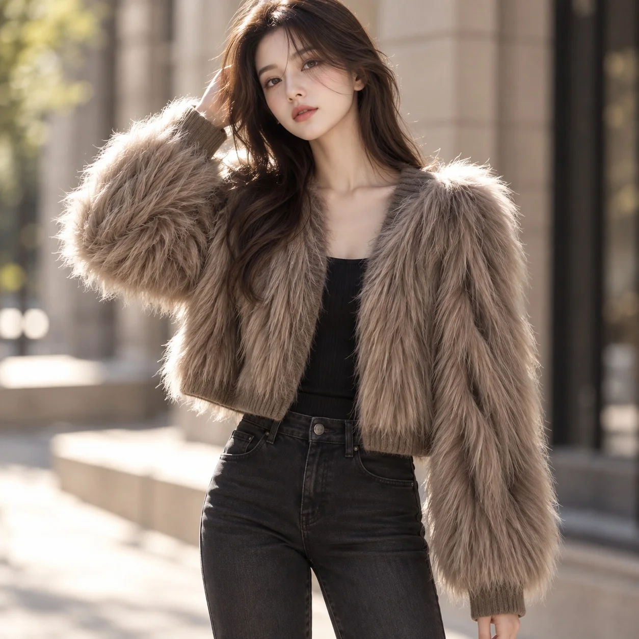 V Neck Patchwork Coat Cropped Elegant Commuter with No Hood British Style Long Sleeve Sweet and Fresh Regular Sleeve Women Coat