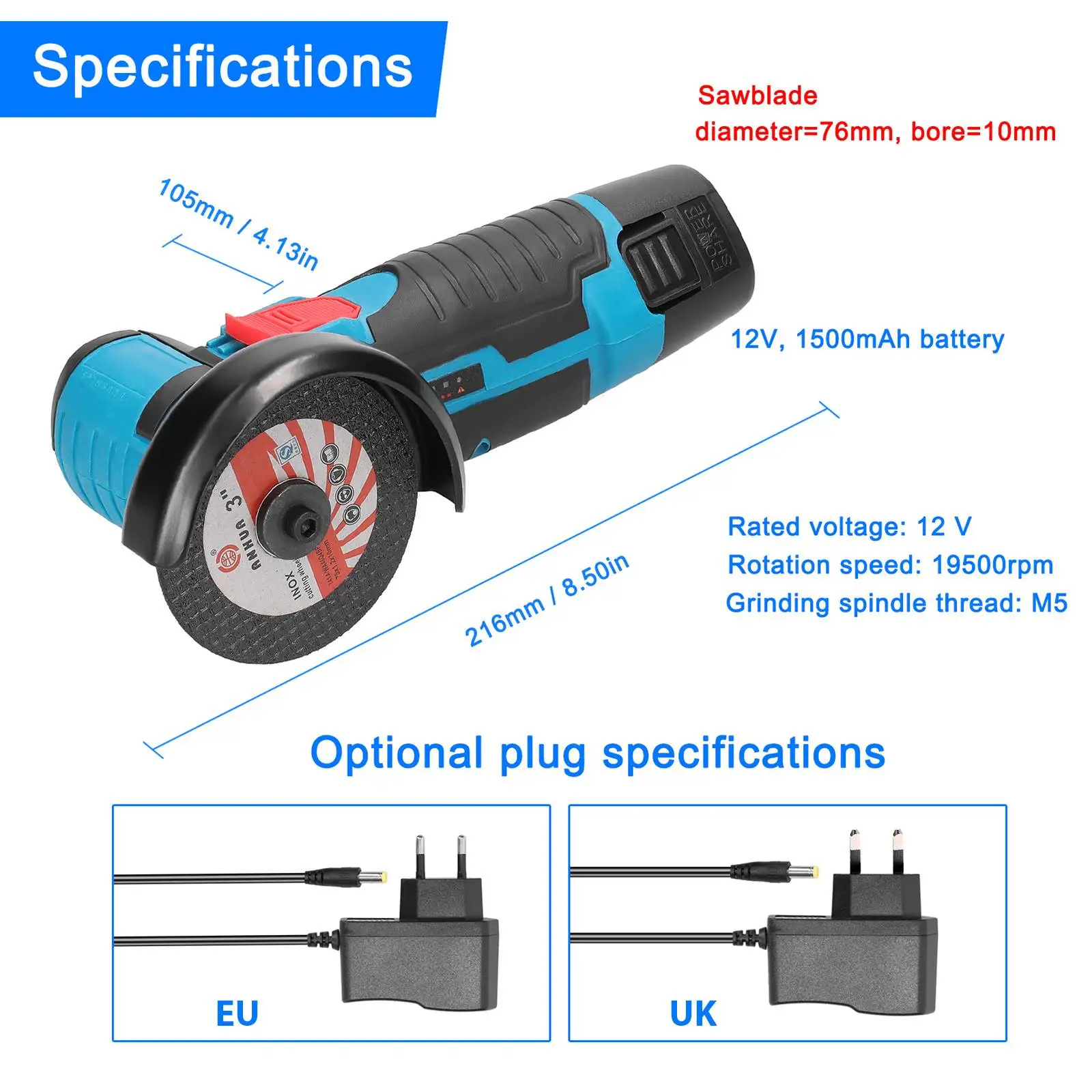 19500rpm 12V Mini Angle Grinder Grinding Machine Cordless Lithium Battery Rechargeable Grinder Cutting Power Tools