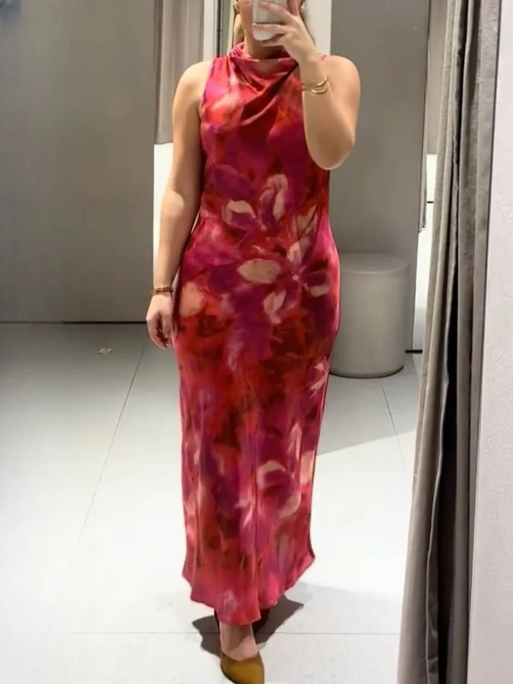 

Women's fashion red tie-dye print dress chic and elegant sleeveless slim dress 2025 new summer fashion holiday casual dress