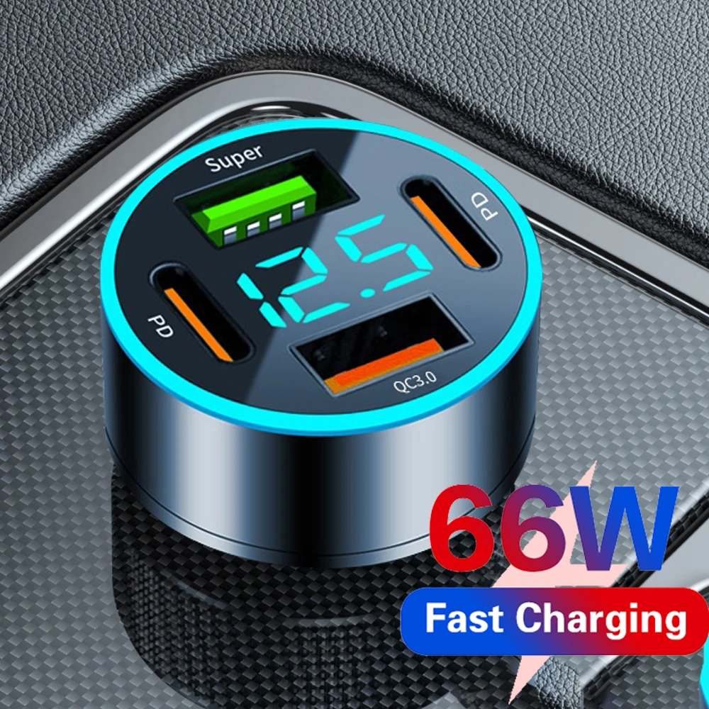 66W USB PD Car Charger 4 Ports Type C Fast Charging Car Adapter For IPhone15 Xiaomi Huawei Car Adapter Socket Cigarette Lighter