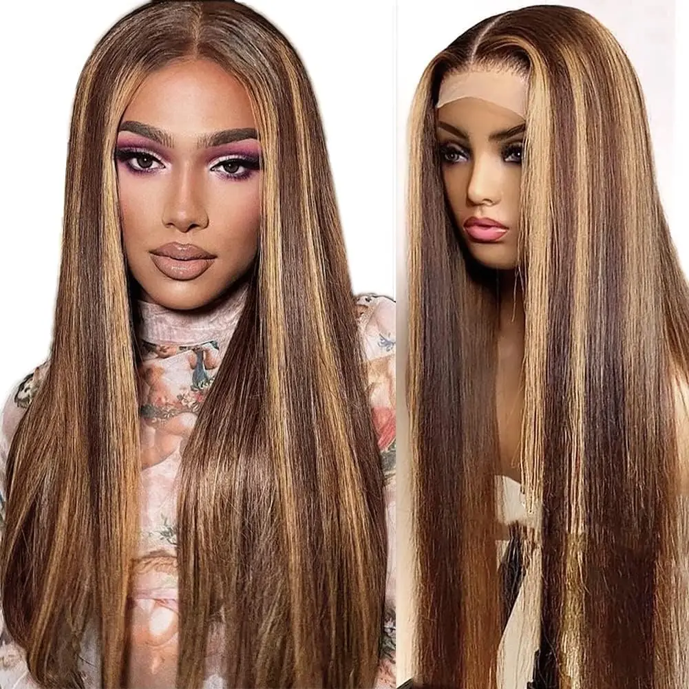 Highlight Ombre Lace Front Wig Straight Human Hair Transparent Lace 13x4 Human Hair Wigs P4/27 Honey Blonde Lace Front Wig