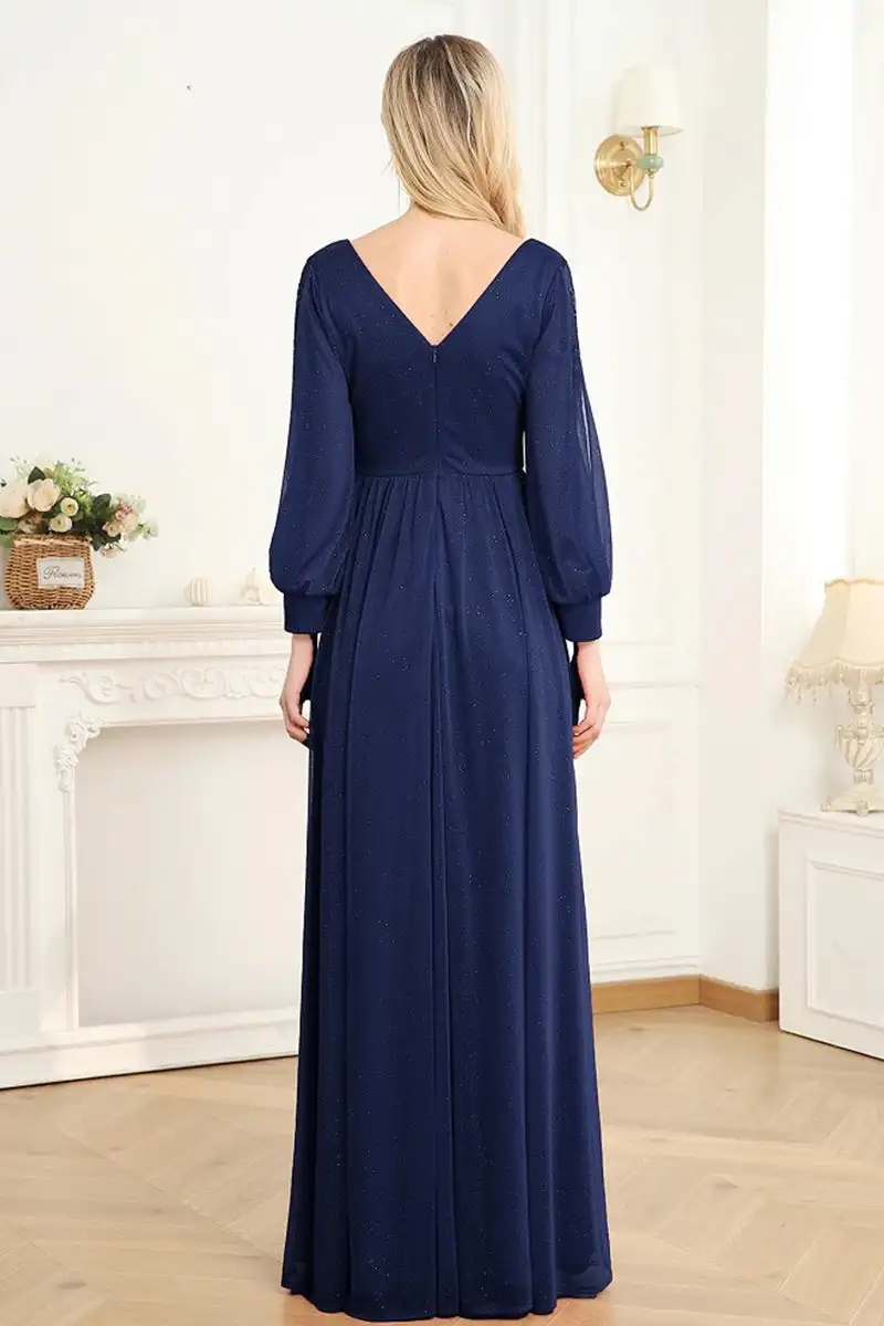 2024 Hot Elegant Applique Blue V-Neck Evening Dress Luxury Long Sleeve Split Front Chiffon Wedding Party Prom Cocktail Dress