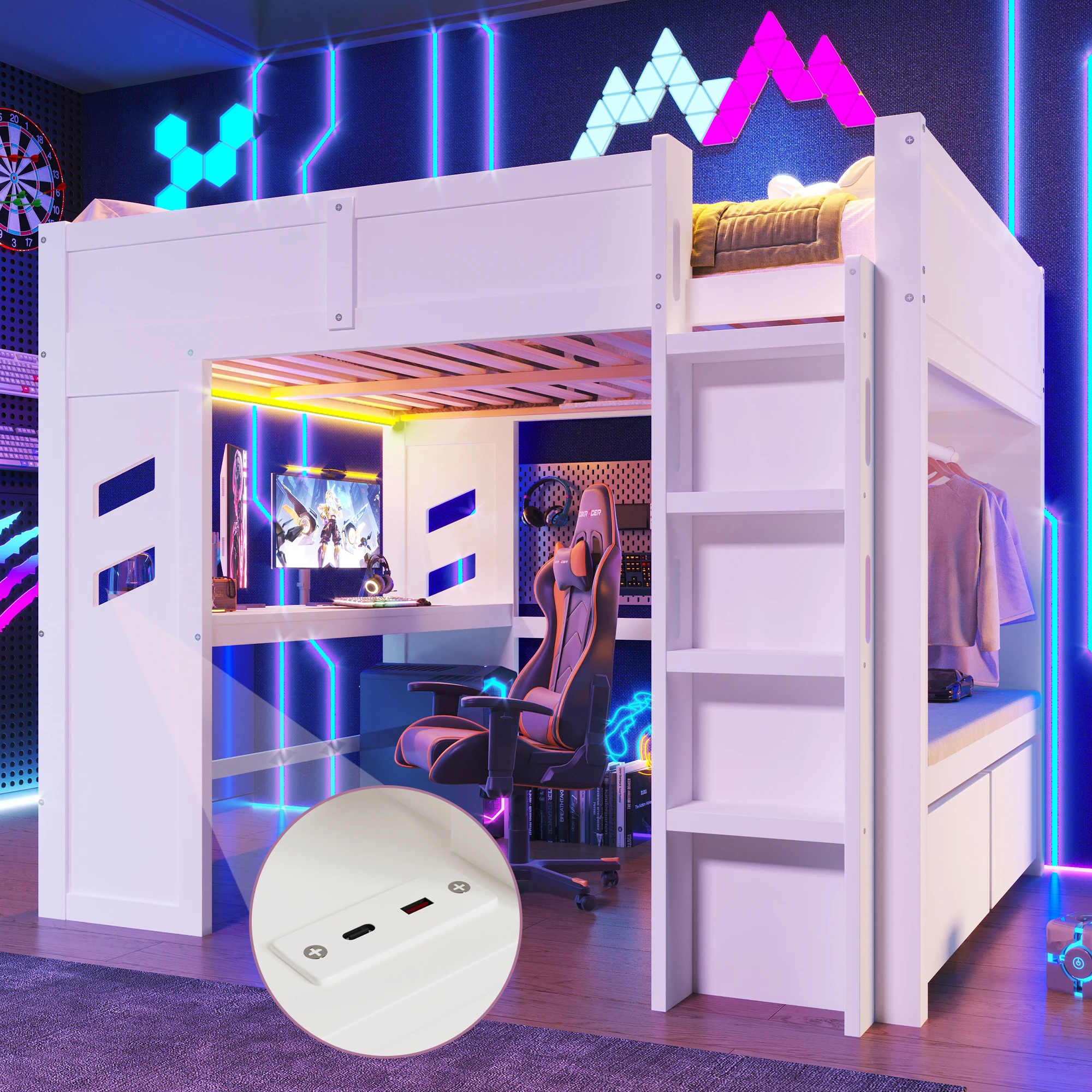 Cama alta gaming 140x200cm, blanca. Escritorio incl. LED, conectores USB/Tipo C, cajón y soporte para lavandería. Sin colchón.