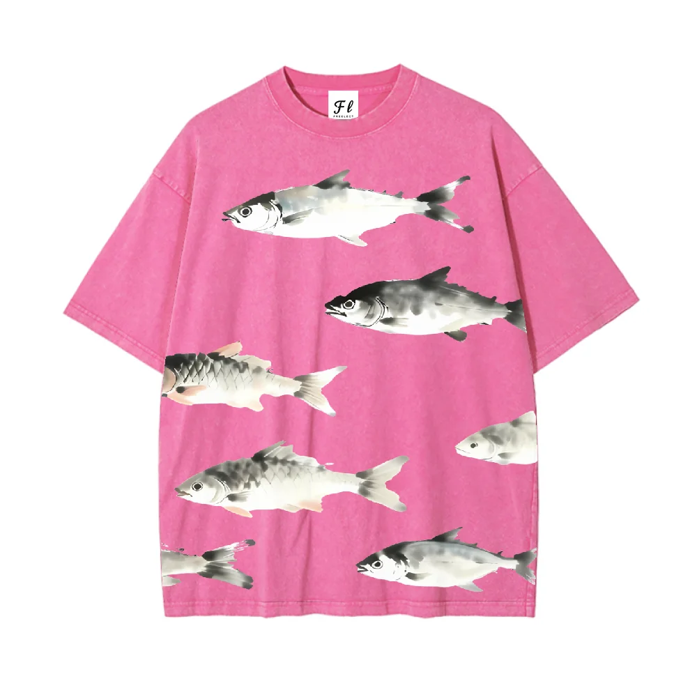 T-shirt oversize lavata vintage dal design unico di pesci inchiostro con arte di pesci acquatici e atmosfera retrò Un must per gli appassionati di moda