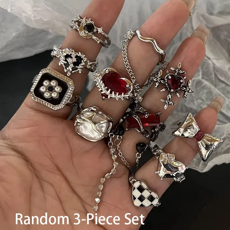 Random 3-piece Gothic ring set, silver red and black imitation crystal heart-shaped bow, adjustable opening ring, stackable jewe