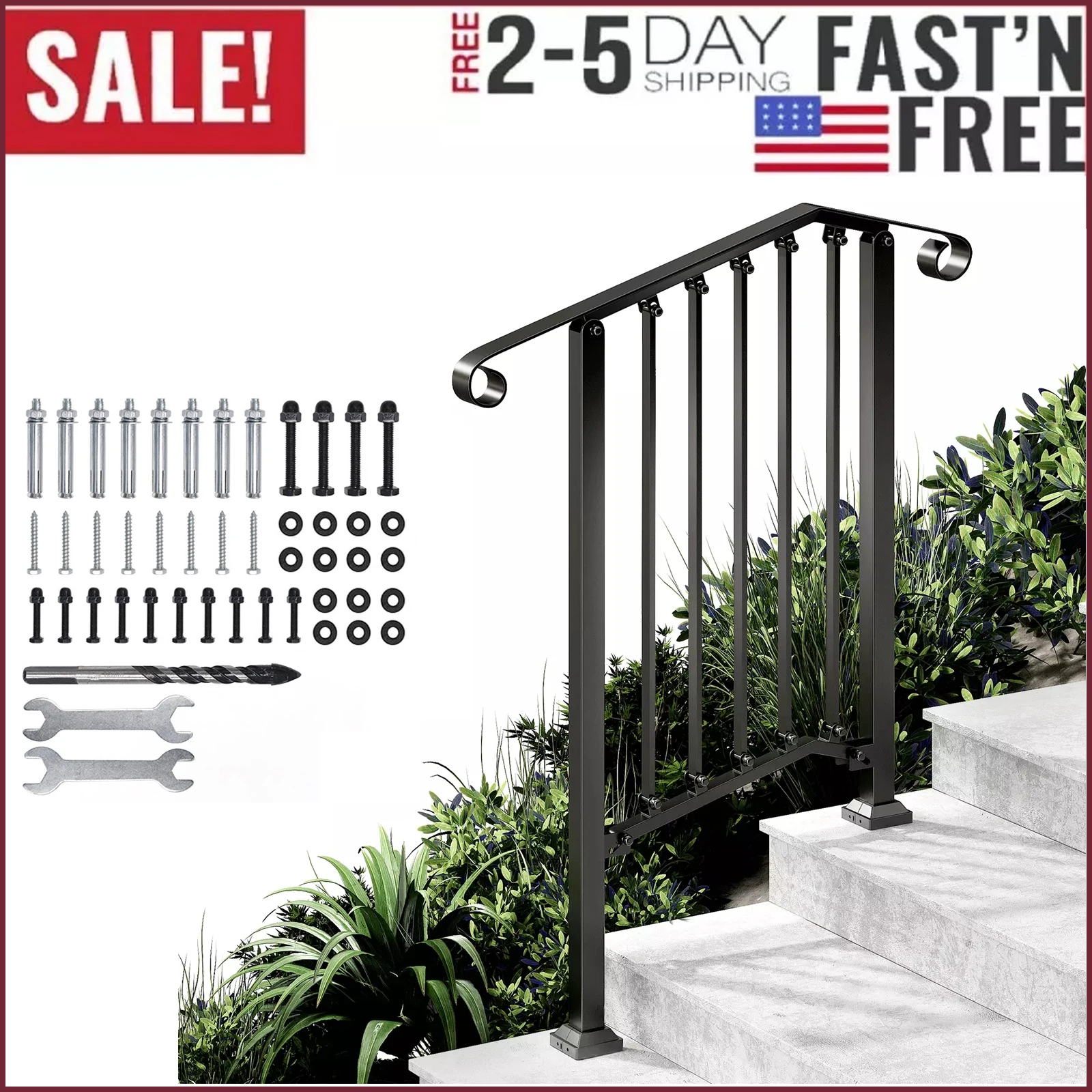 Corrimano regolabili per gradini esterni Corrimano adatto a 2 o 3 gradini Corrimano per scale in ferro battuto opaco con kit di installazione