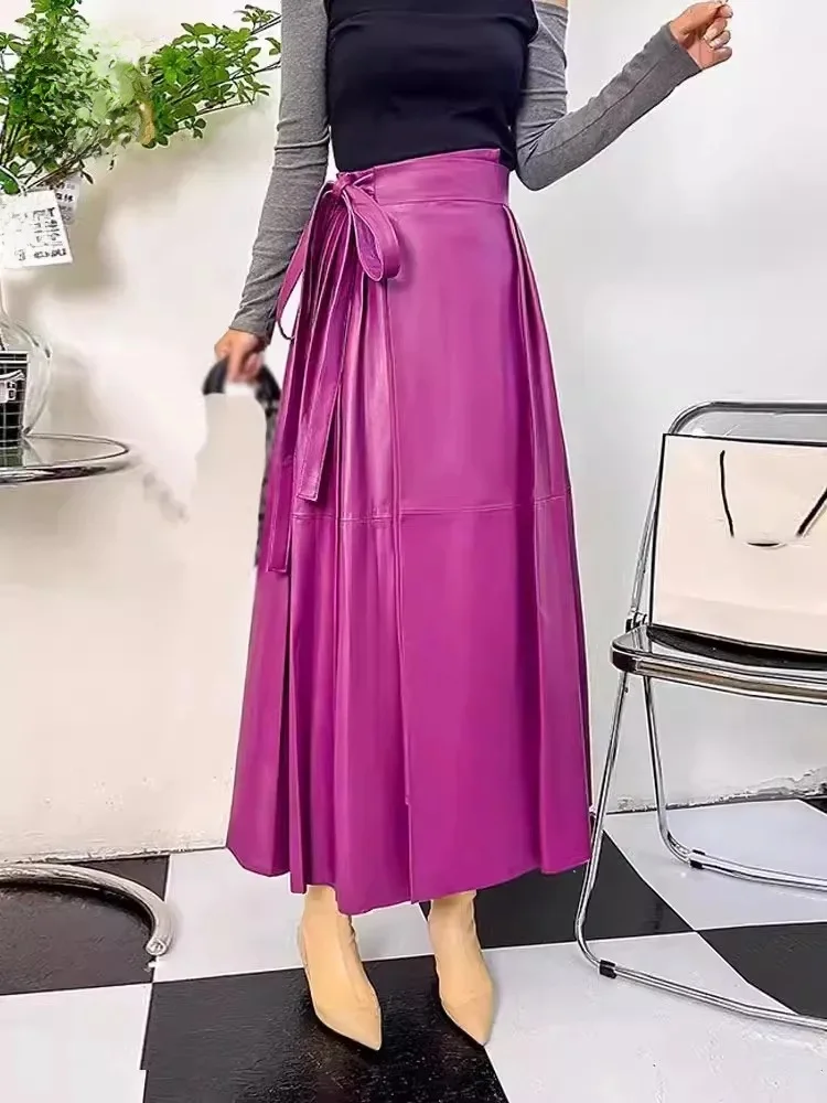 Chiński styl Vintage Kobiety Sznurowane Wysoka talia Długość do kostek Długa plisowana spódnica Elegancka damska spódnica z prawdziwej skóry owczej 4XL — zdjęcie 2