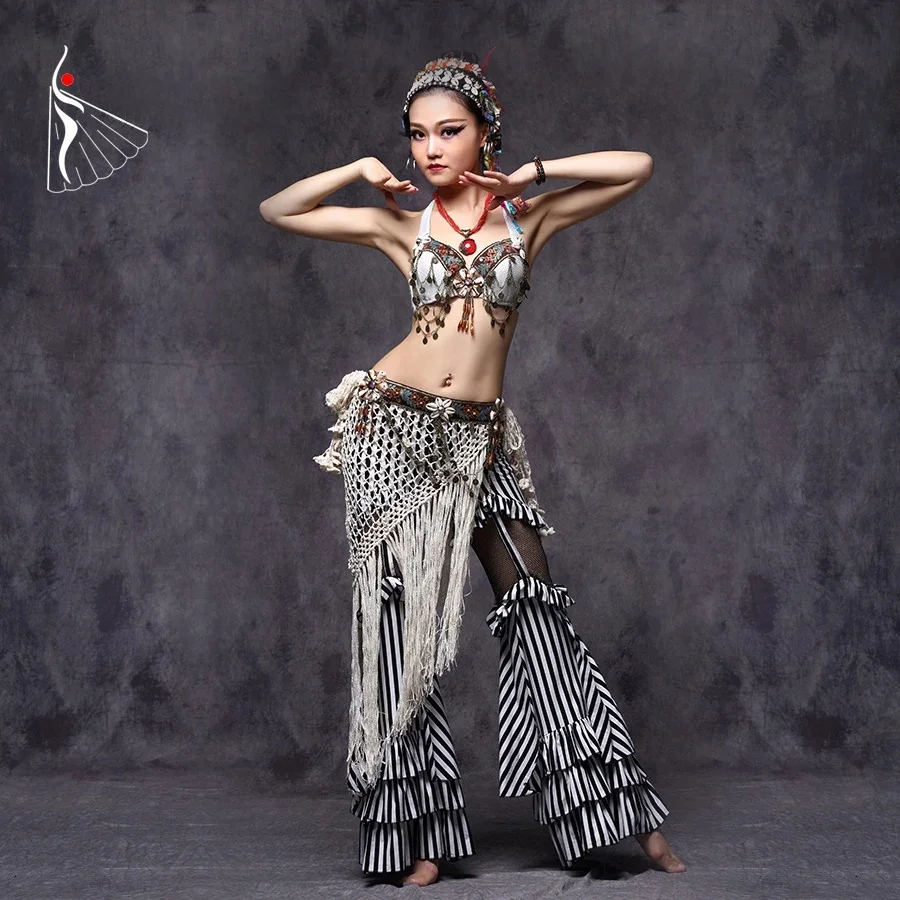 Tribal stroje do tańca brzucha Vintage monety biustonosz pas z frędzlami spodnie damskie Tribal Top odzież strój Sexy Embroid Gypsy — zdjęcie 2