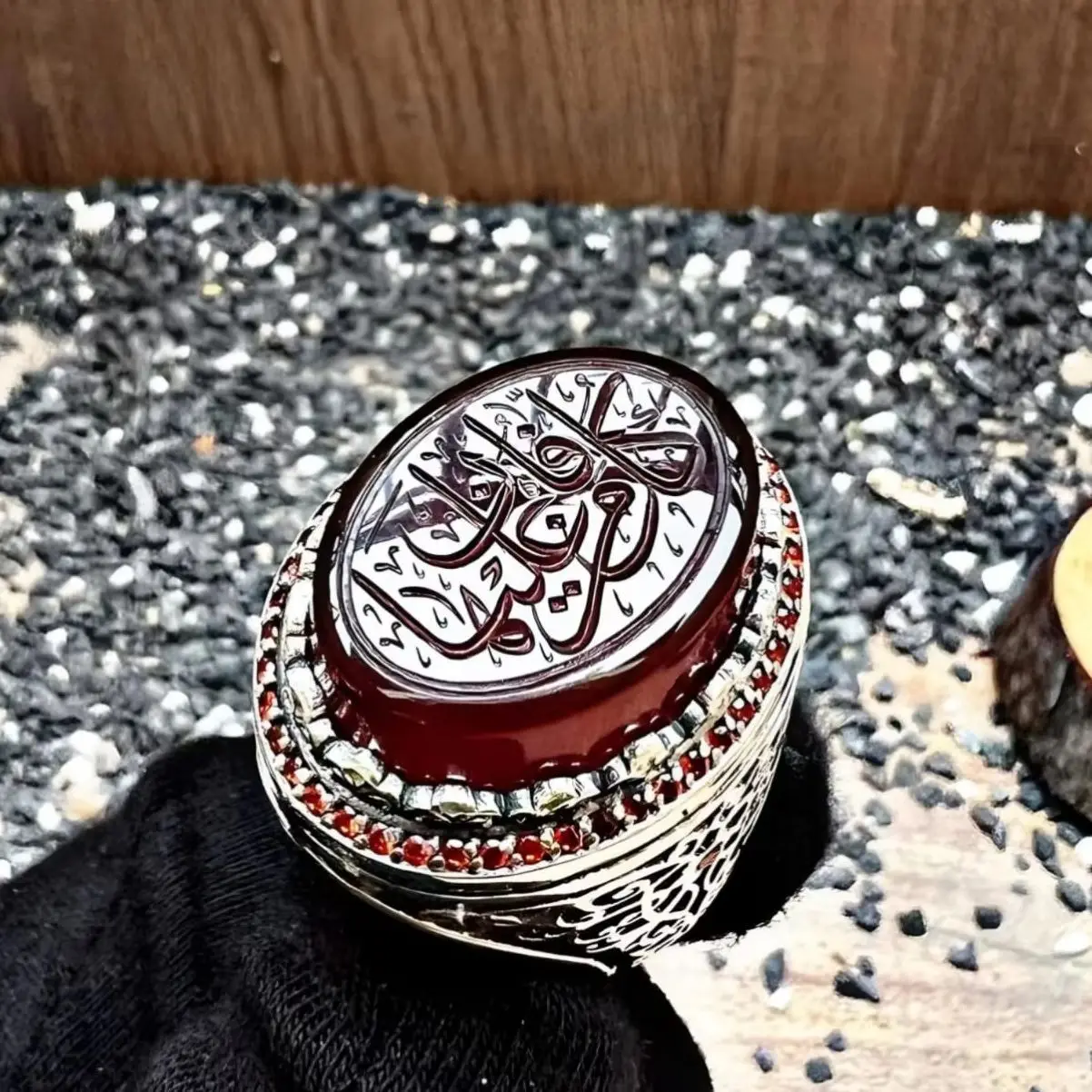 

Customizable Silver Ring with Agate Stone and Surah Rahman Verse - Handmade with Love- Red Aqate Stone Ring- Arabic Calligraphy