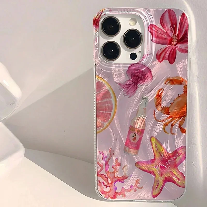 Coque de téléphone pour iPhone 17 16 15 14 13 12 11 Pro Max Air 16E XS X XR 7 8Plus SE2, motif cœur rose étoile de mer corail méduse