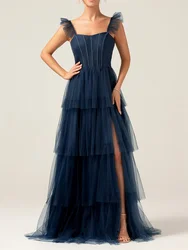 Dusty Blue Odpinane ramiączka A Line Tiered Bridesmaid Dress z rozcięciem Maxi Gowns For Wedding Party Dresse robes de soirée