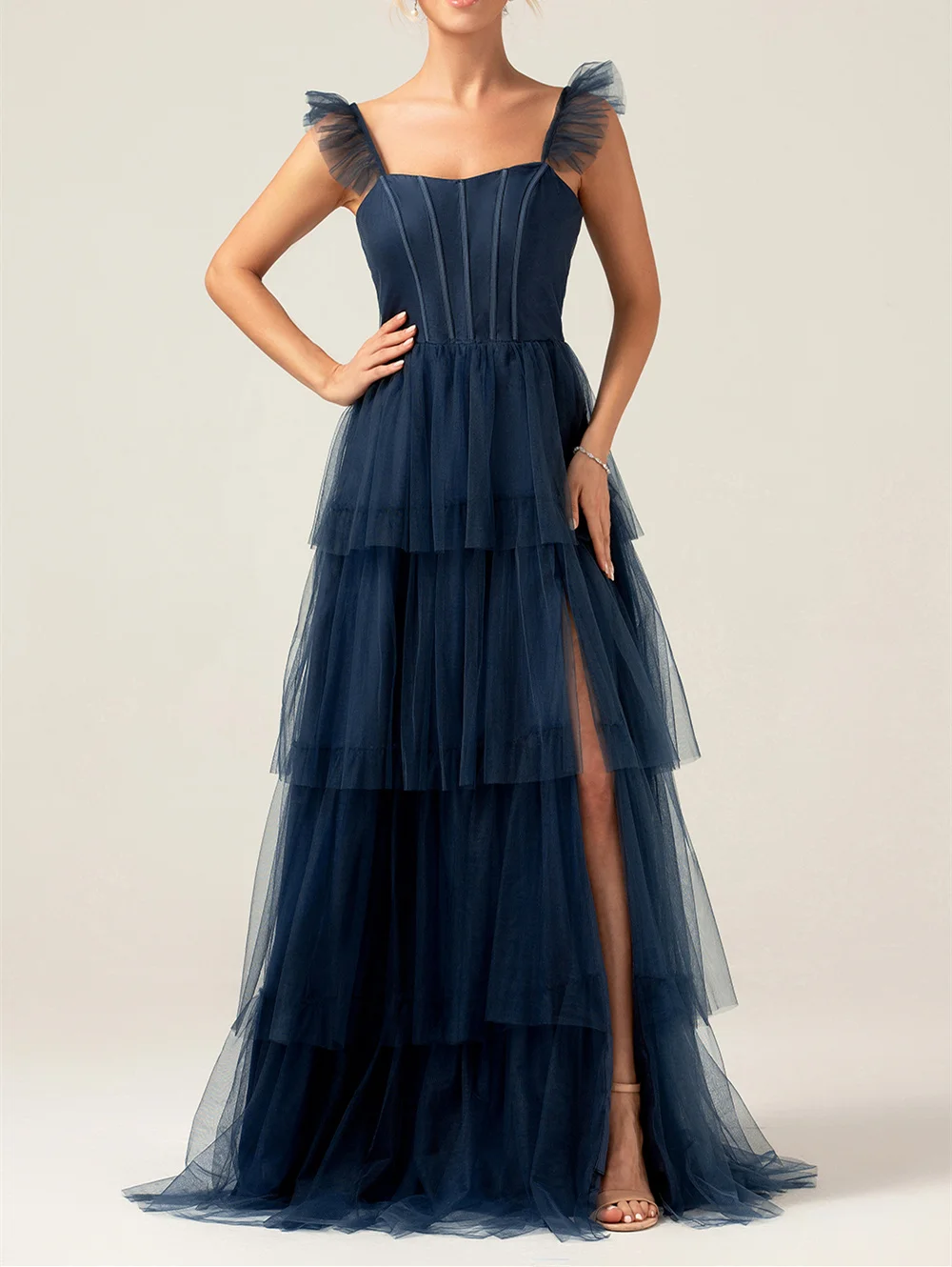 Dusty Blue Detachable Straps A Line Tiered Bridesmaid Dress with Slit Maxi Gowns For Wedding Party Dresse robes de soirée