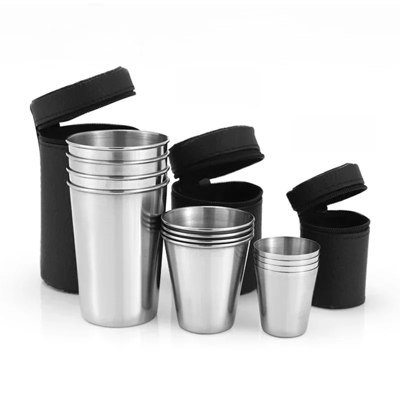 Tasse d'eau d'extérieur en acier inoxydable, avec étui, pour randonnée, Camping, pique-nique, barbecue, bière, tasse à café, verres portables de voyage, 4 pièces/ensemble