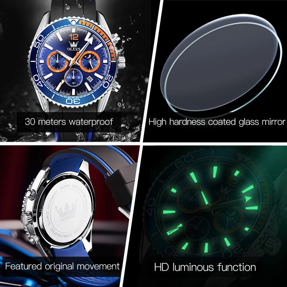 OLEVS Quartz Watch for Men Fashion Silicone Strap Moon Phase Chronograph Big Dial Waterproof HD Luminous Men\'s Wristwatch Reloj