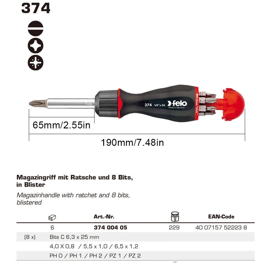 Felo 8 in 1 Slim Line Precision Pop Up Screwdriver Set Multi Bit Screwdriver with SlimBits Magazine NO.37400405