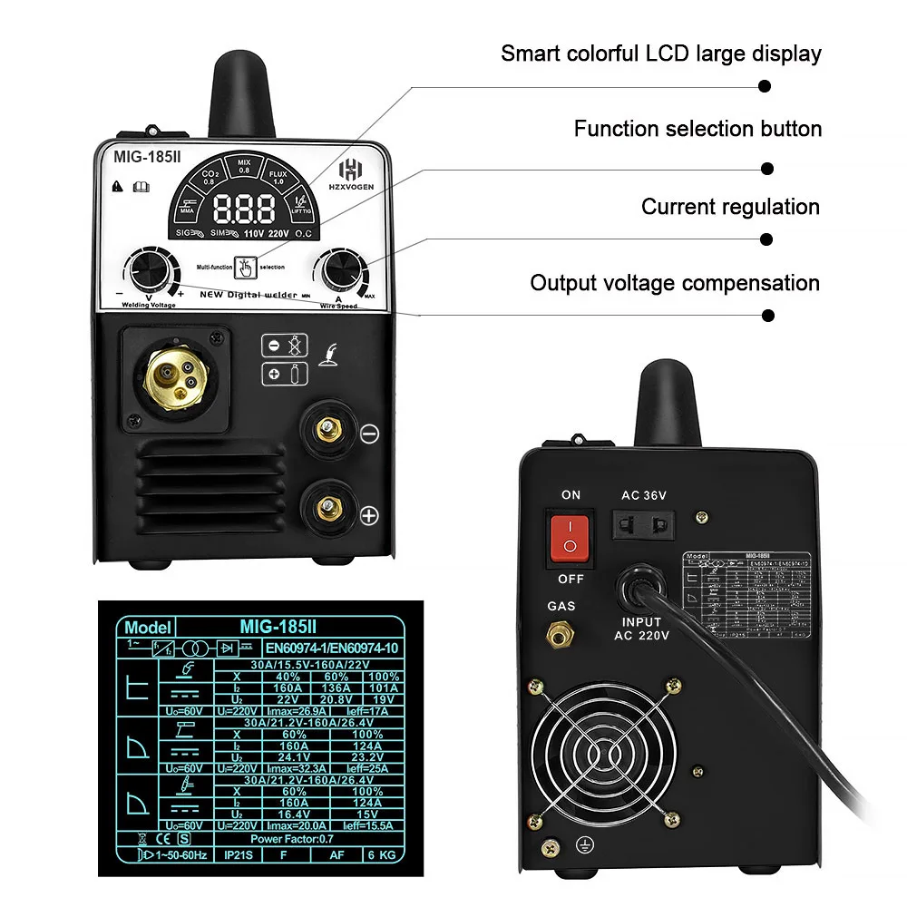 110V/220V HZXVOGEN MIG185-II Semi-automatic Welding Machine MIG TIG ARC/MMA 3 In 1 Mig Welder 1KG Self-shielded Flux Cored