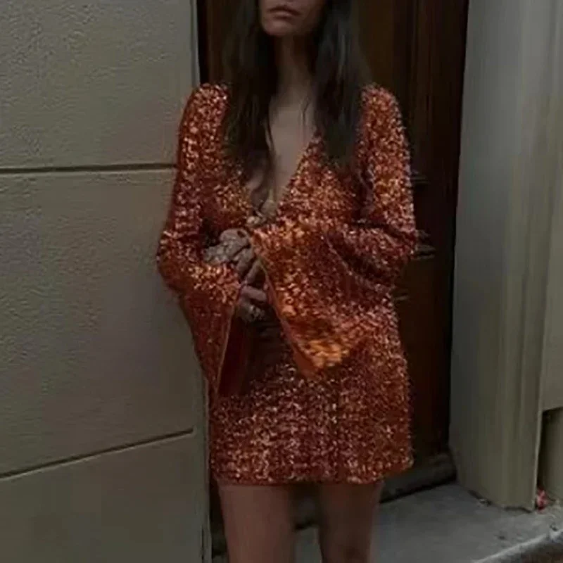 Elegante uitgeholde pailletten korte jurken mode effen tas heupen avondjurken sexy diepe v-hals uitlopende mini-jurken met lange mouwen - afbeelding 2