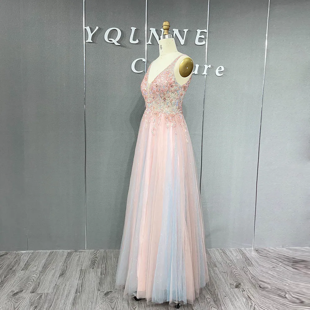 Simple Pink Crystals Beaded Long Prom Dresses V Neck Tulle Backless Formal Evening Party Gown Robe De Soiree