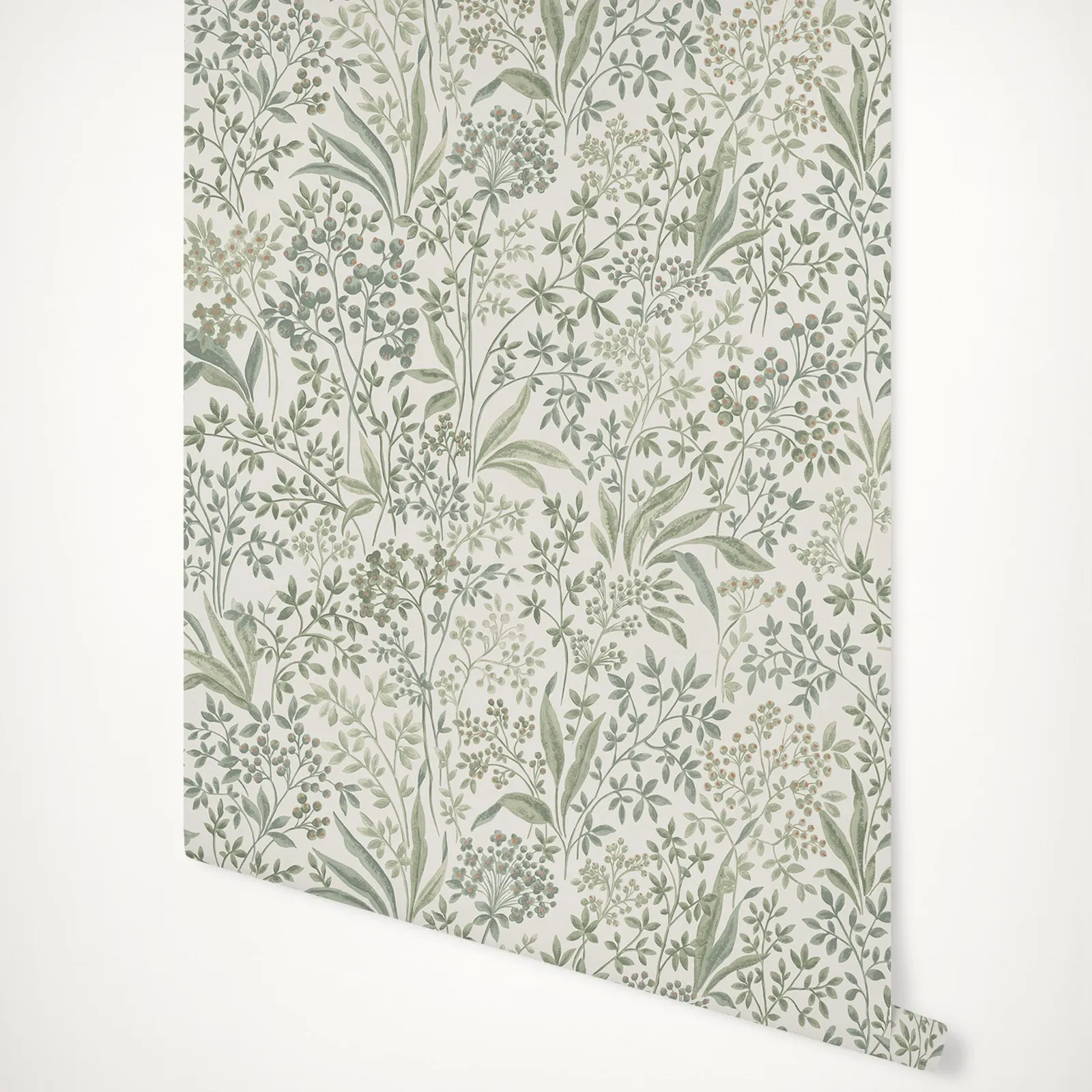 Watercolor Painted Nocturne wallpaper with Botanic Branches and Leaves with a green white light back