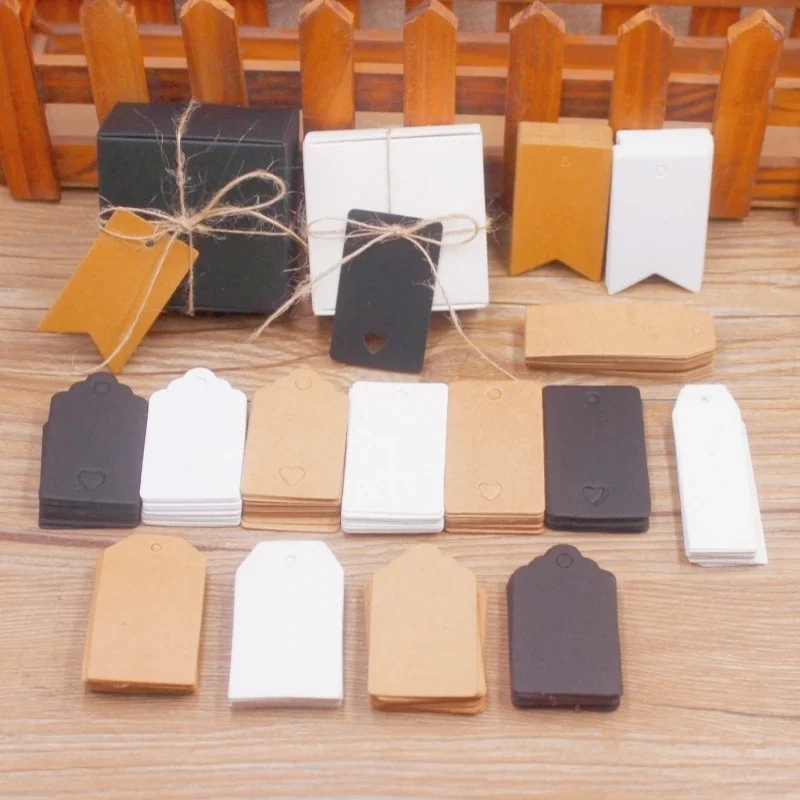 100 pièces 3x5/6x2.5 cm papier kraft marron/blanc/noir étiquettes cadeaux avec 100 corde mariage bébé cadeau fête étiquettes de noël, partie