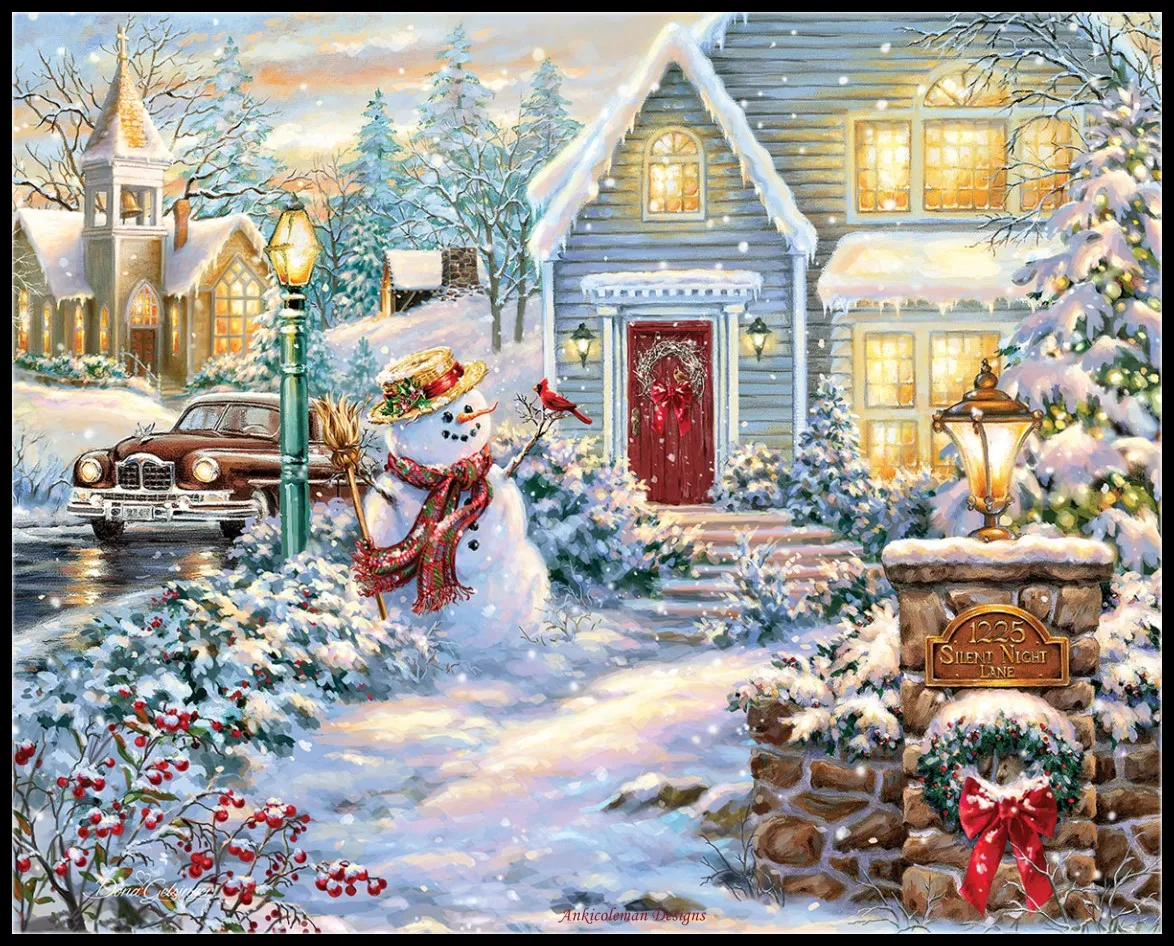 Silent Night Snowman - Counted Cross Stitch Kits - DIY Handmade Needlework Embroidery 14 CT Aida Sets DMC Color