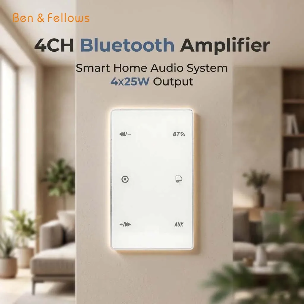 

In-Wall Bluetooth Audio Amplifier 4 Channel 4x25W Touch Screen Music System AUX USB TF for Home Ceiling Speakers with Remote