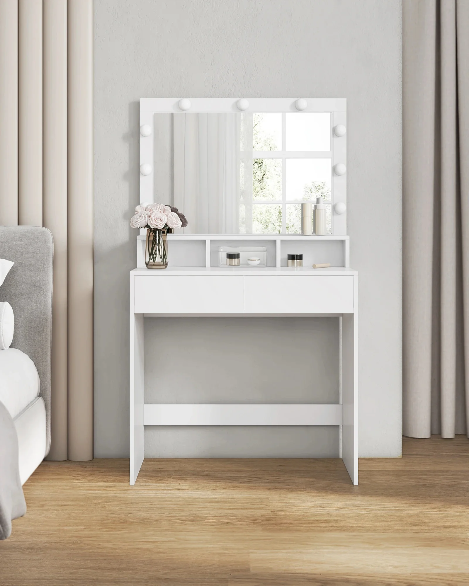 VASAGLE kaptafel, met LED-verlichting, instelbare helderheid, kaptafel met spiegel, make-uptafel met 2 laden - afbeelding 2