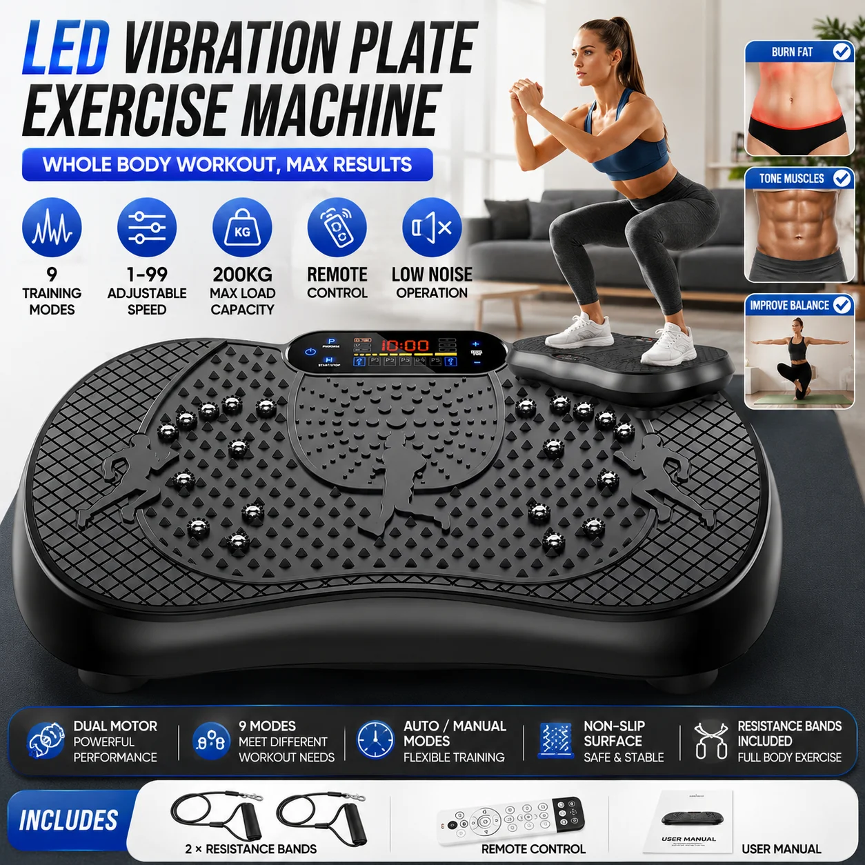 LED-Vibrationsplatte Trainingsgerät Ganzkörper-Vibrationsfitnessplattform Einstellbare Geschwindigkeit Auto- und Manueller Modus 9 Trainingsmodi 200KG Tragkraft Widerstandsbänder Fettverbrennung