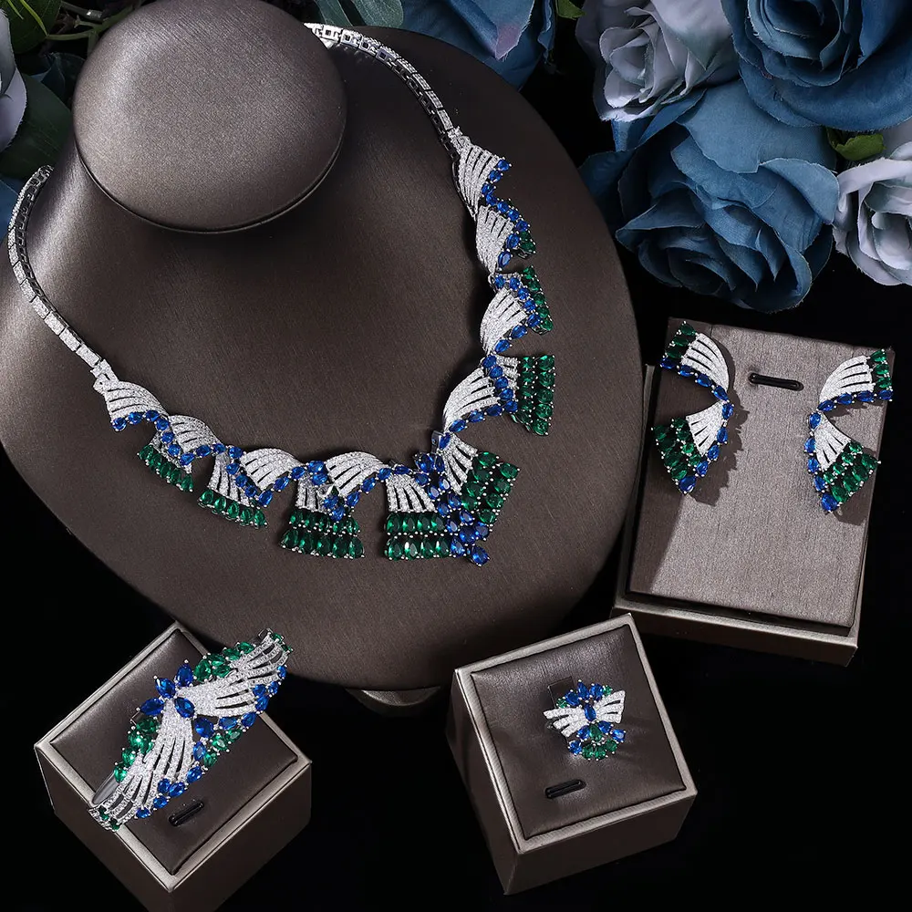 

Luxury Green Blue Mix UAE Jewelry Sets for Women Birdes Wedding Party Zircon CZ African Bridal Jewelry Set Party Gift