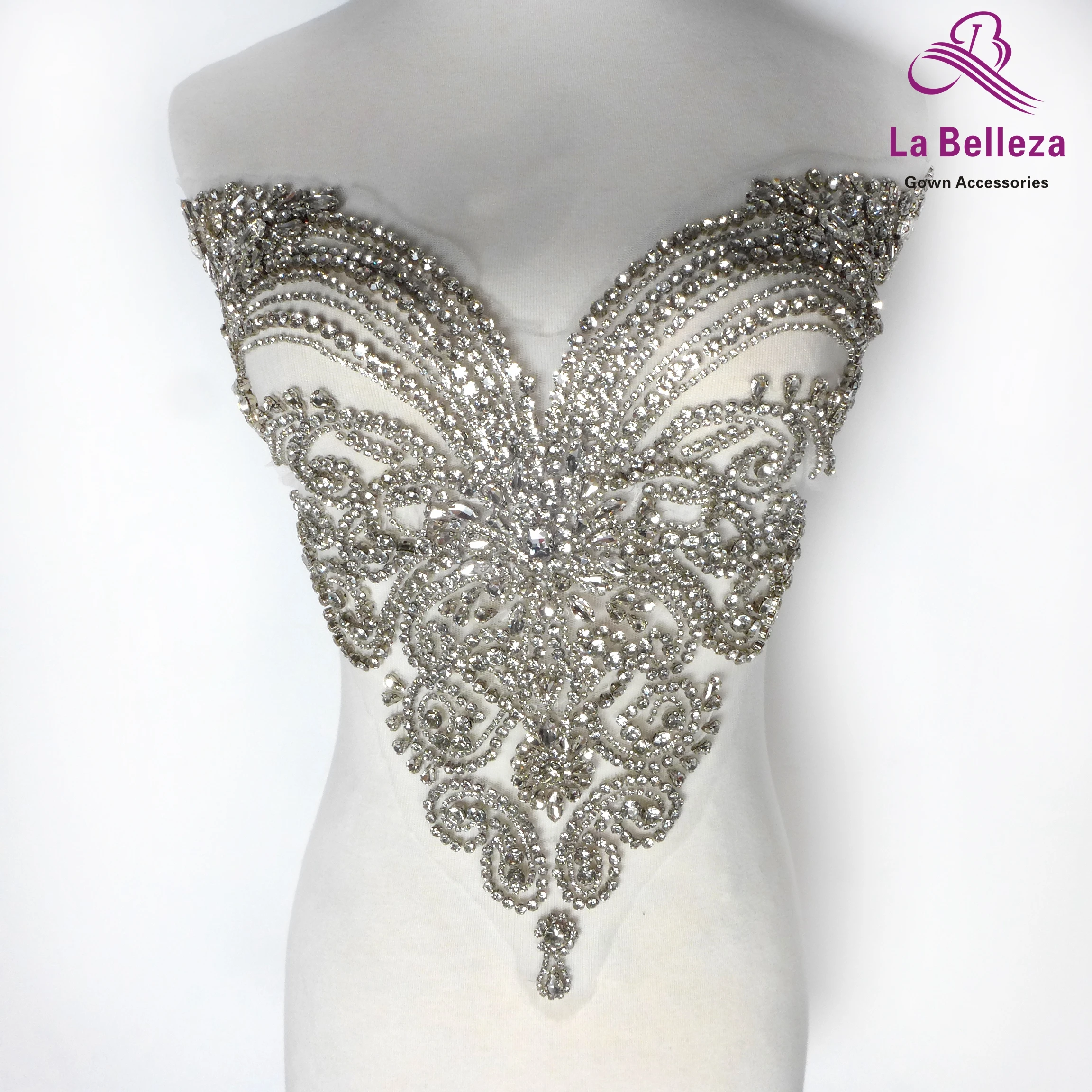 La Belleza beauty hand sewon neck bodice applique,gold silver crystal rhinestone applique Patch for dress accessories