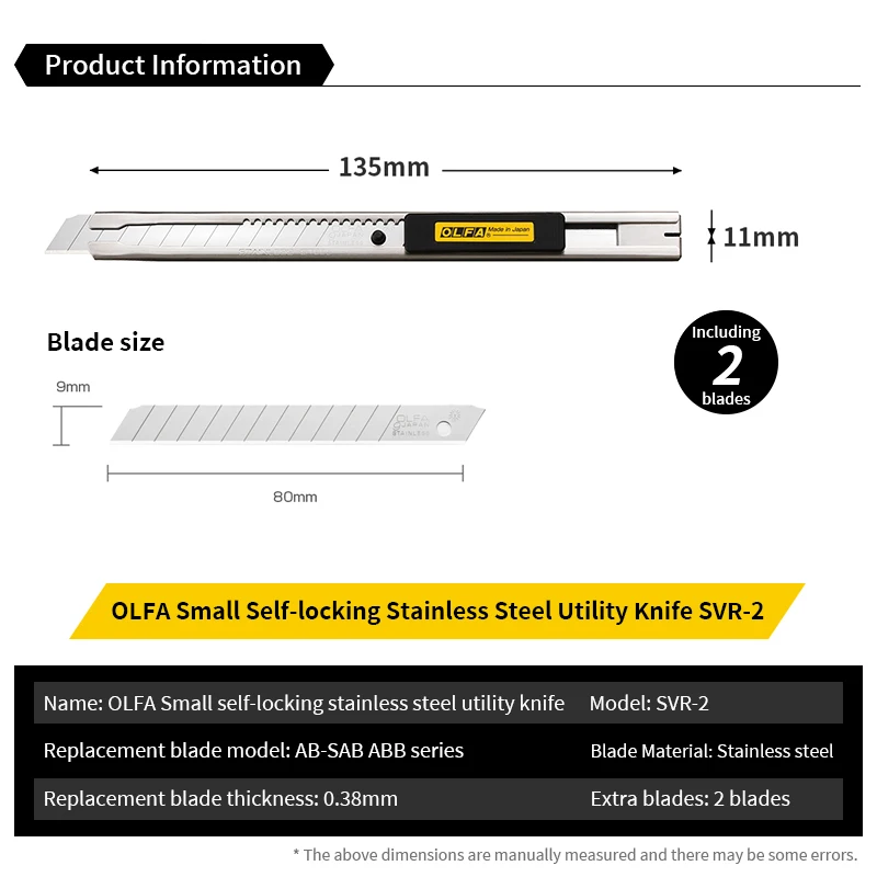 OLFA 9mm الفولاذ المقاوم للصدأ سكّين متعدّد الاستخدامات قاطع قفل تلقائي يتضمن مشبك جيب / شفرة Snapper SVR-2 #2