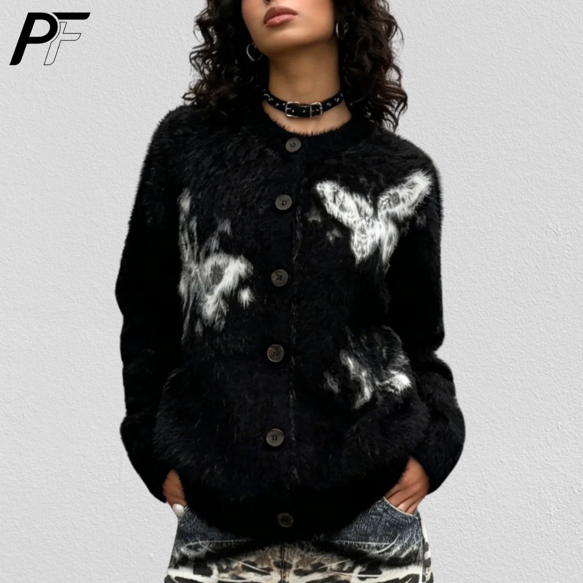 

Y2K Fuzzy Crew Neck Button Cardigan Butterfly Pattern Soft Mink Feel Loose Long Sleeve Casual Stylish Sweater 2026 Spring Fall