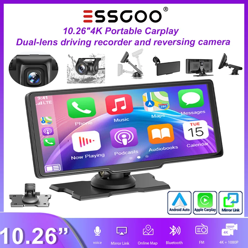 Tragbare Fahrzeugkamera ESSGOO 10.26" 4K CarPlay Doppellinse, Rückfahrkamera, Touchscreen, drahtloses Android Auto, USB-GPS-Antenne, Bluetooth, FM, WiFi, AUX, Lenkradsteuerung, Mirror Link