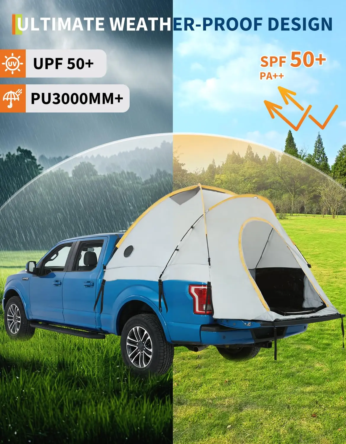 Tente de camping imperméable pour camionnette 2,08 × 1,65 × 1,7 m pour 2 personnes, tente de camping portable à double couche, auvent et fenêtre en maille, protection solaire UPF 50+, PU3000mm, pour Silverado 1500/F150/Ram 1500 de 5 pieds