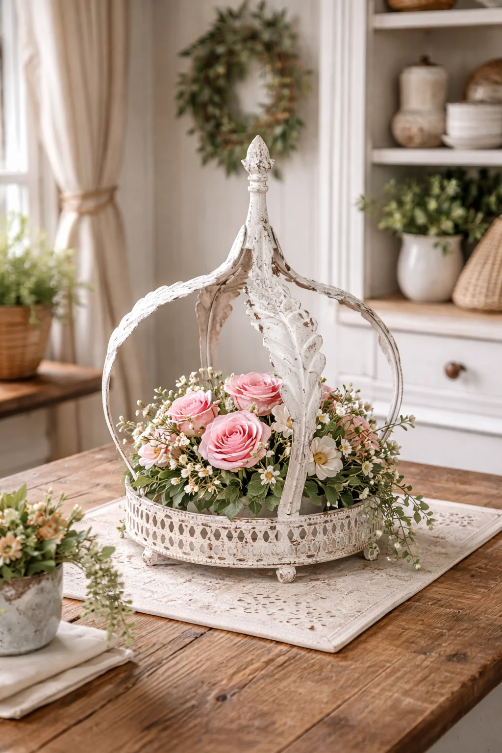 Vintage Metal Crown Planter, Distressed French Garden Flower Pot with Leaf Design & Three Feet, Rustic Decor