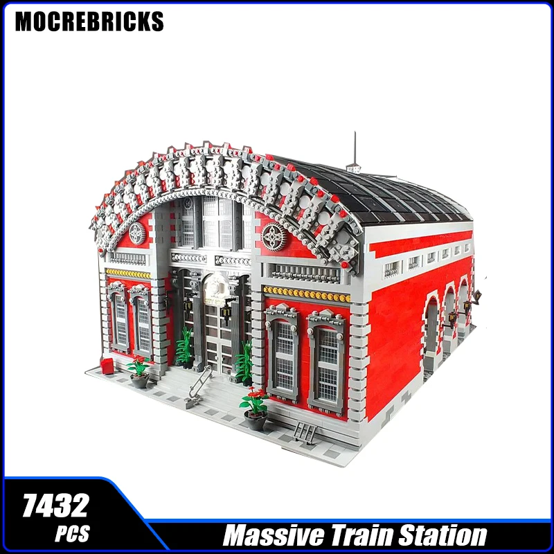 Modern City Street View Architecture Massive Train Station MOC Building Block Assembly Model Railway Track Brick Puzzle Toy Gift