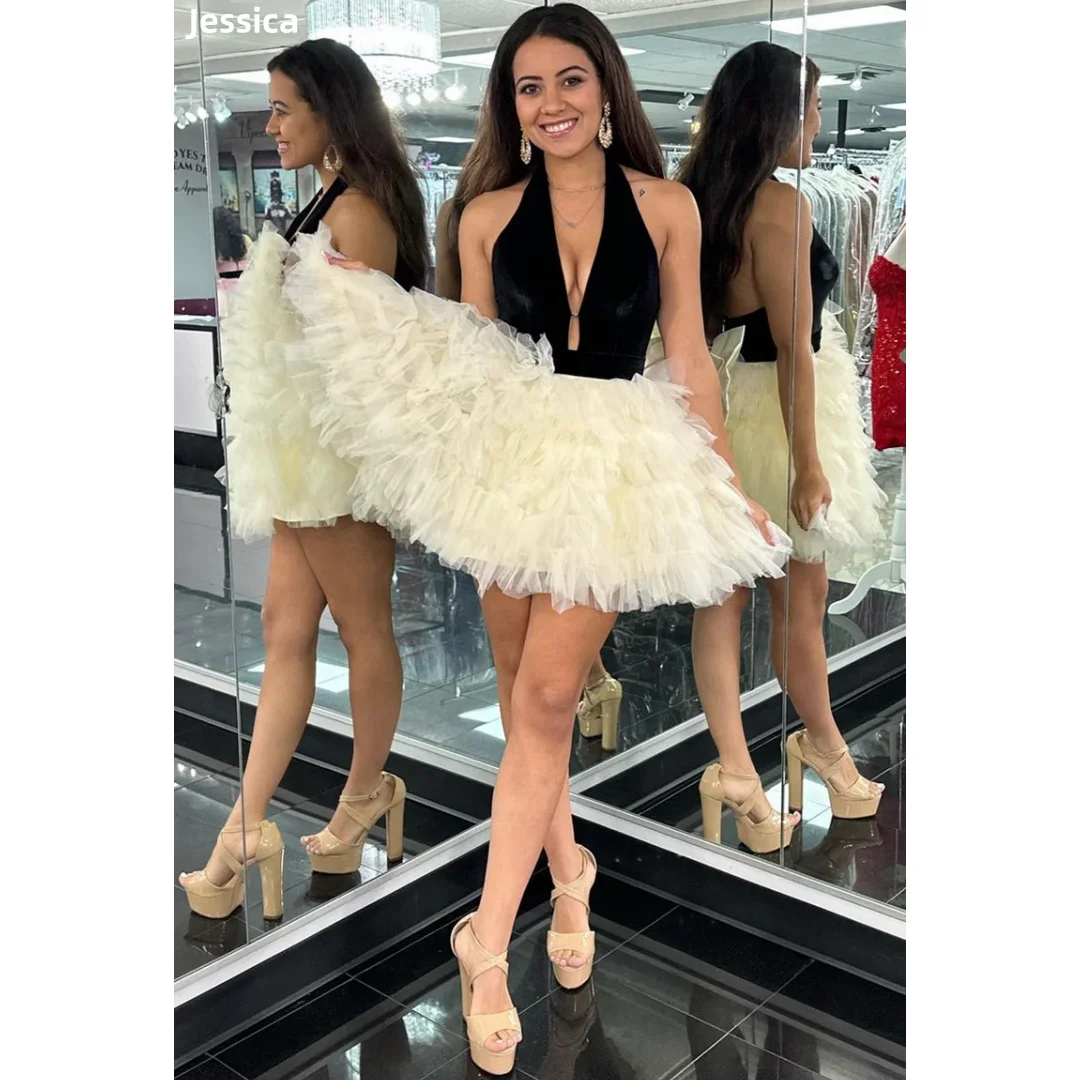 

Jessica Black Velvet Deep V-neck Evening Dresses Handmade Tulle Layering Prom Dresses Mini Short Wedding Party DressesCustomized