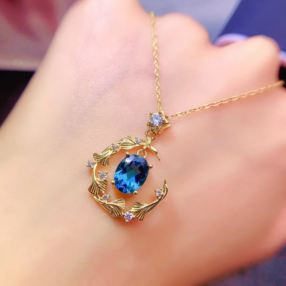 

Boutique Jewelry Girls' Natural London Blue Topaz Pendant Necklace 925 Pure Silver Plated 18K Gold Gem Event Gift for Girlfriend