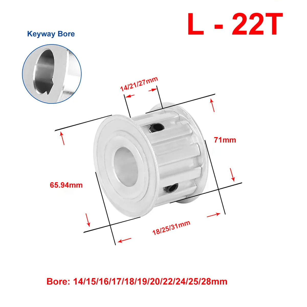 

1Pcs Timing Pulley L-22T Keyway Bore 14~28mm Pitch 9.525 mm Synchronous Pulley Wheel For Width 13/20/25mm L Rubber Timing Belt