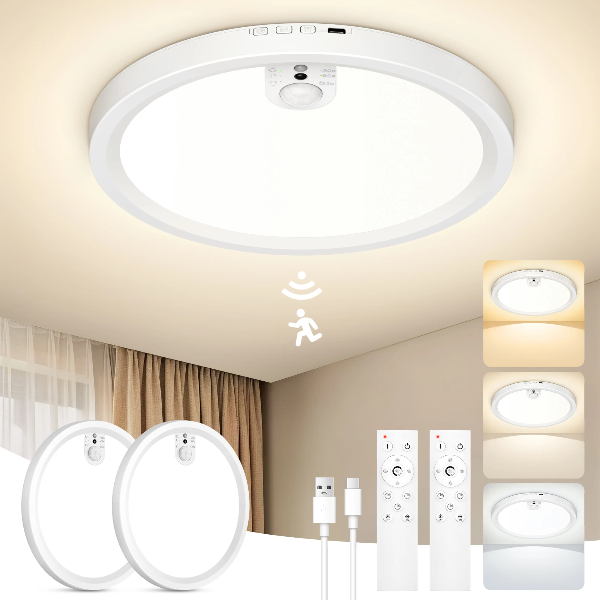 Verpakking met 2 oplaadbare LED-plafondlampen met bewegingssensor, 18 cm ultradun, 1,7 cm dik, dimbaar met 3 kleurtemperaturen, draadloos bedienbaar met afstandsbediening, magnetische bevestiging voor