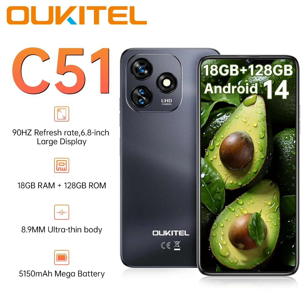 OUKITEL C51 Phone 6.8" HD+ 90Hz Dual SIM Fingerprint Face ID Call Phone 24(8+16) GB + 128GB 5150mAh Smartphone Android 14
