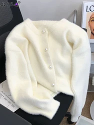 Nachahmung Nerz O-Ausschnitt kurze Tops Strickjacke Damen koreanische einreihige weiche Perle Knöpfe Pullover lässig schlanke einfarbige Mäntel