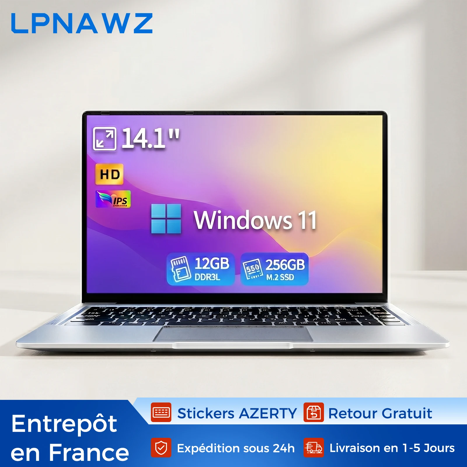 Ordinateur Portable 14,1" Intel Quad-Core - 12Go RAM 256Go SSD - Windows 11 Système en Français Pré-installé - Laptop pour Étudiant & Bureau - Expédition de France avec Autocollants Clavier AZERTY -