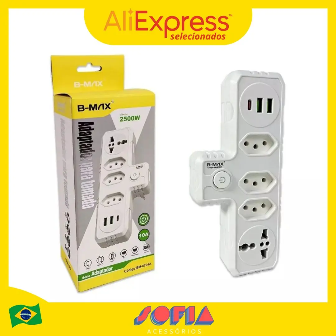 Extensão 3 Tomadas 2 USB 1C 1 Universal Bivolt Power 110V/220V Sem Fio Design Compacto Resistente Ideal para Casa Escritório