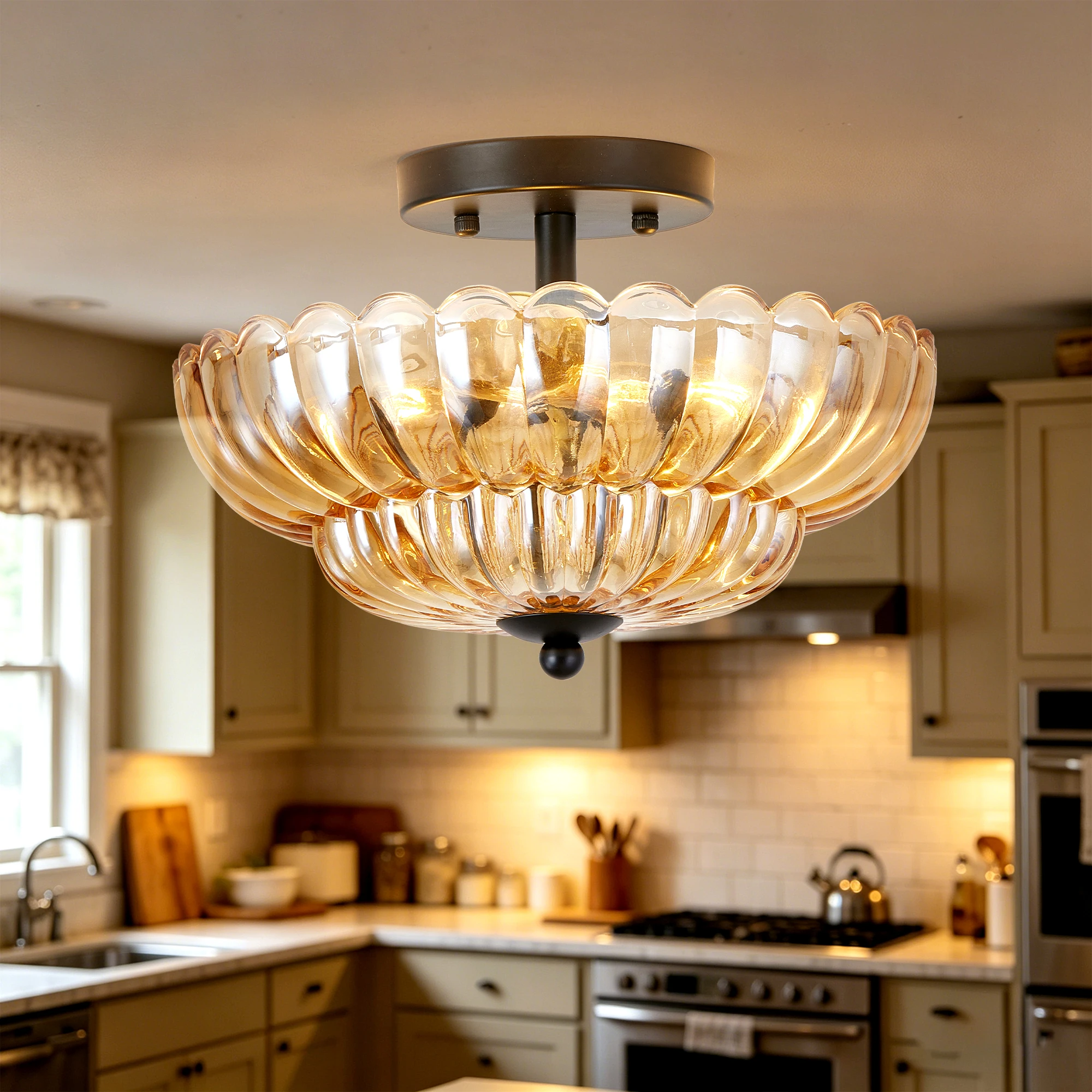 ARLGSITE 11.8-inch 3-lamp Semi-Ceiling Light, Amber Patterned Glass, Matte Black Body, Suitable for Kitchens, Bathrooms, Bedrooms, and Hallways (Bulb Not Included).