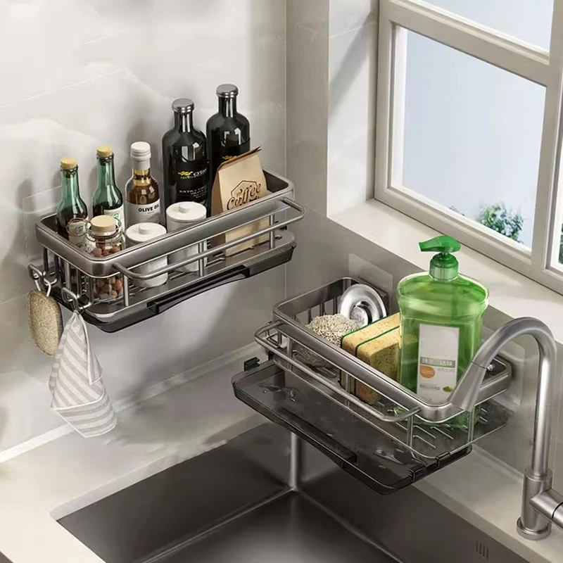 1pcs Multifunctional Wall-mounted Drain Rack Kitchen Rack Punch-free Rag Rack Spice Rack Sink Storage Rack Kitchen Supplies