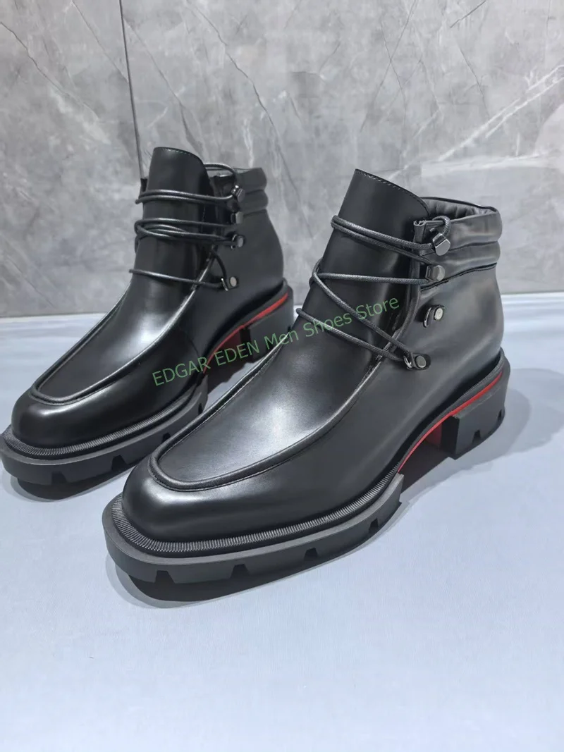 

Classic Designer Men's Black Genuine Leather Boots Square Heel Short Boots Round Toe Lace Up Male Derby Ankle Boots Shoes