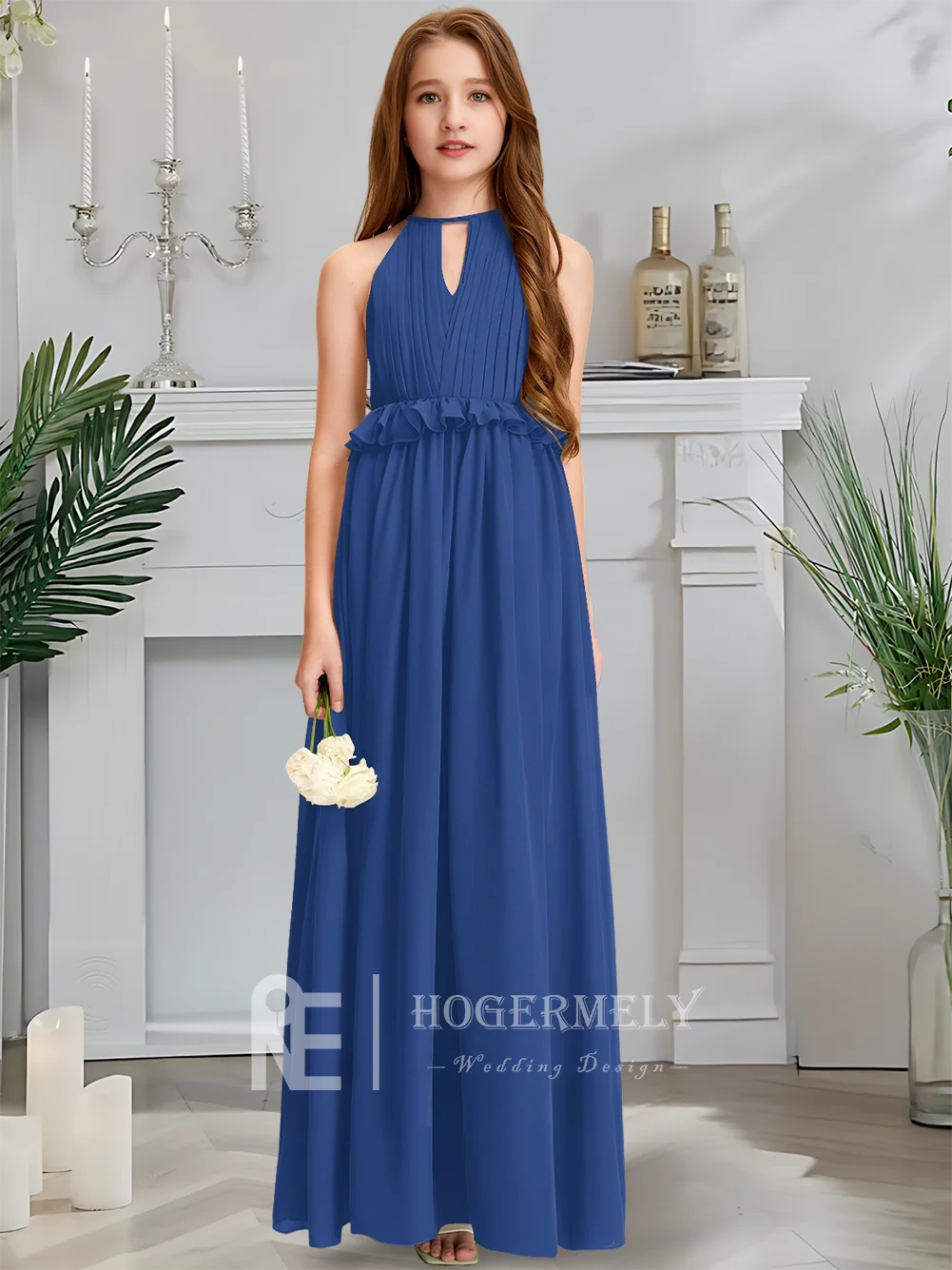 Детское платье подружки невесты, шифоновое платье с лямкой на шее, длиной до пола, платье с цветочным узором для девочек, без рукавов, на молнии сзади, свадебная вечеринка, форма для девочек