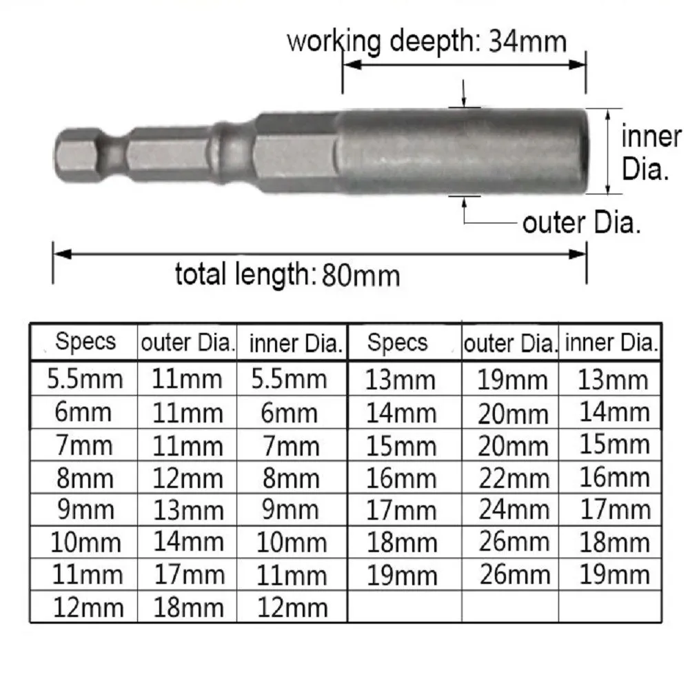 1 szt. Końcówki wkrętakowe 80mm długość 1/4 "gniazda sześciokątne 5.5-17mm napęd magne gniazdo nakrętka udarowa śruba wiertła wkrętaki Bit