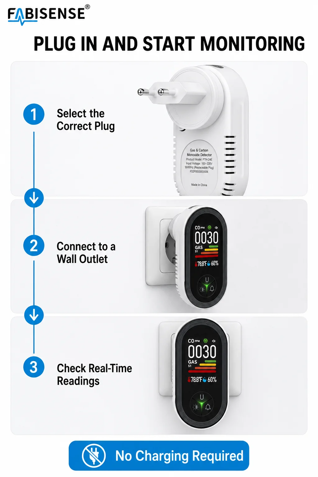 FABISENSE 4-in-1 Plug-in-Kohlenmonoxid- und Gasdetektor, CO-Alarm, Gasanalysator-Display mit Feuchtigkeits-/Temperatursensor für Zuhause – Detail 7